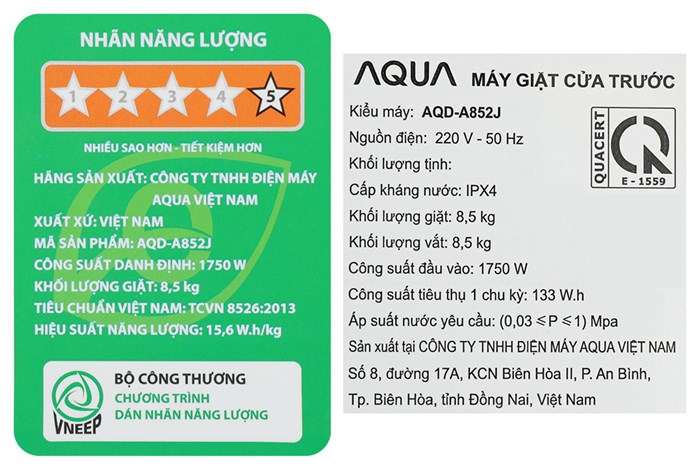 Máy giặt Aqua Lồng ngang Inverter 8.5 kg AQD-A852J BK